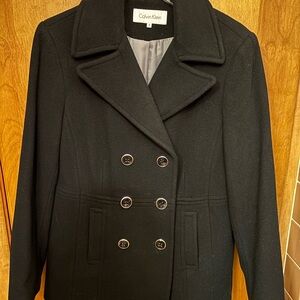 Calvin Klein Black Peacoat with Notched Lapels and Classic Design